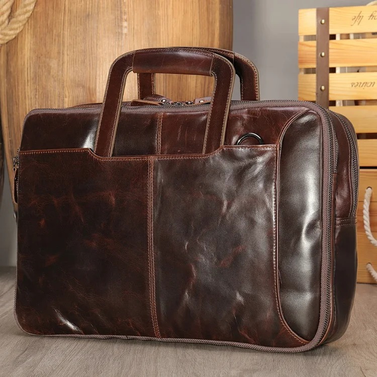 Retro business waxed cowhide briefcase backpack